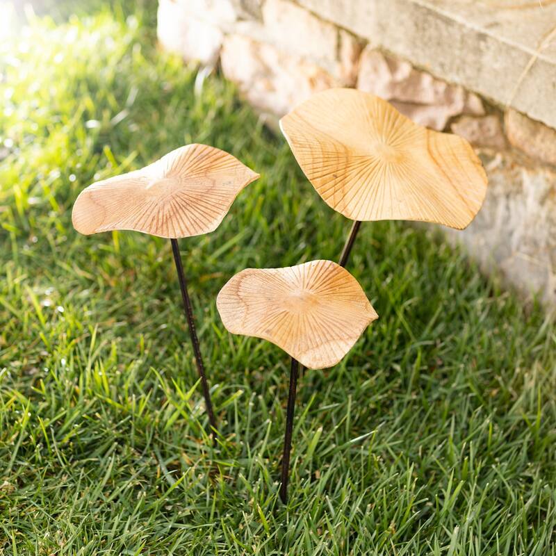 16 in. Hand-Carved Wood Mushroom Metal Stakes (Set of 3)