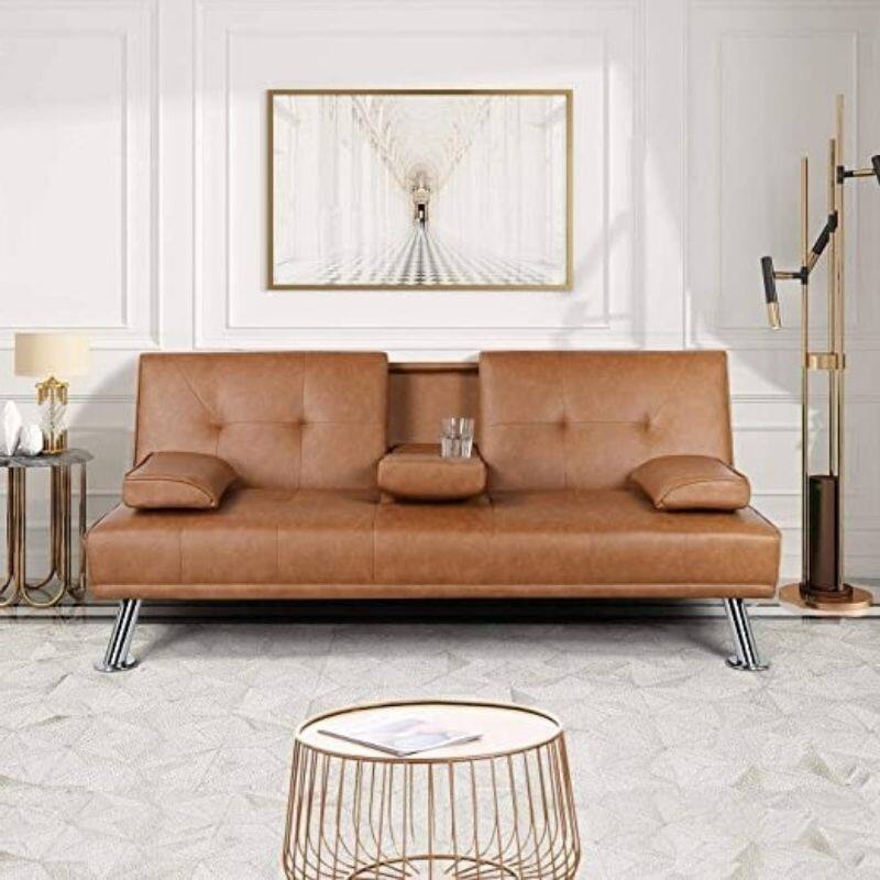 Faux Leather Cup Holders Convertible Sofa Bed Futon Sleeper