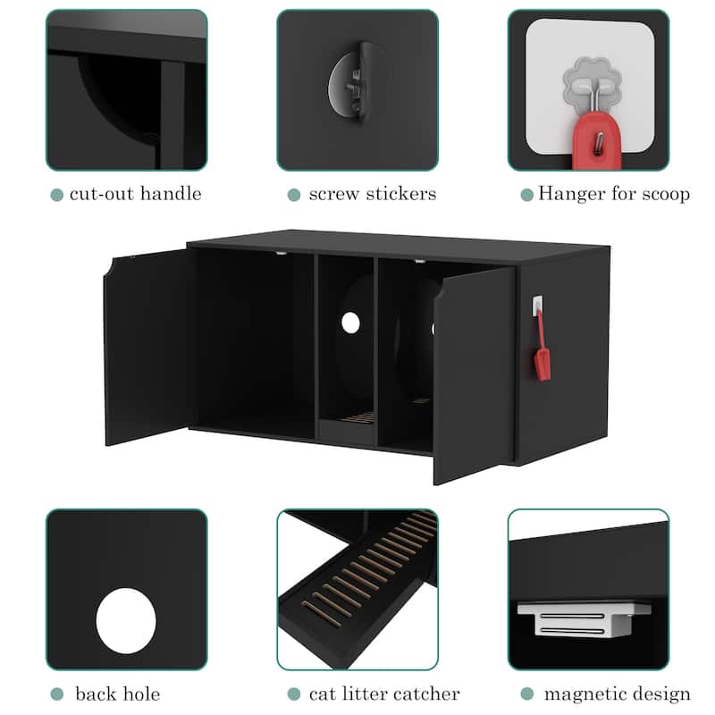 Hidden Cat Litter Box Enclosure Furniture, Cat Washroom w/Double Room