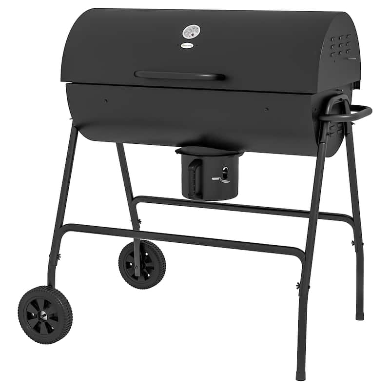 Barrel Charcoal BBQ Grill with 420 sq.in. Cooking Area, Outdoor Barbecue with Wheels, Ash Catcher and Built-in Thermometer - Assembly Required