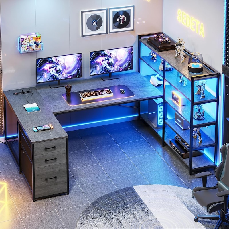 L Shaped Desk Gaming Desk 3 Fabric Drawers 5 Storage Shelves - Grey