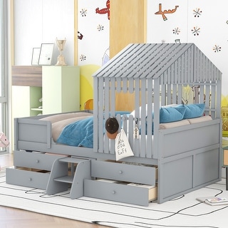 Full Size Wood House Low Loft Bed with Full-Length Guardrails