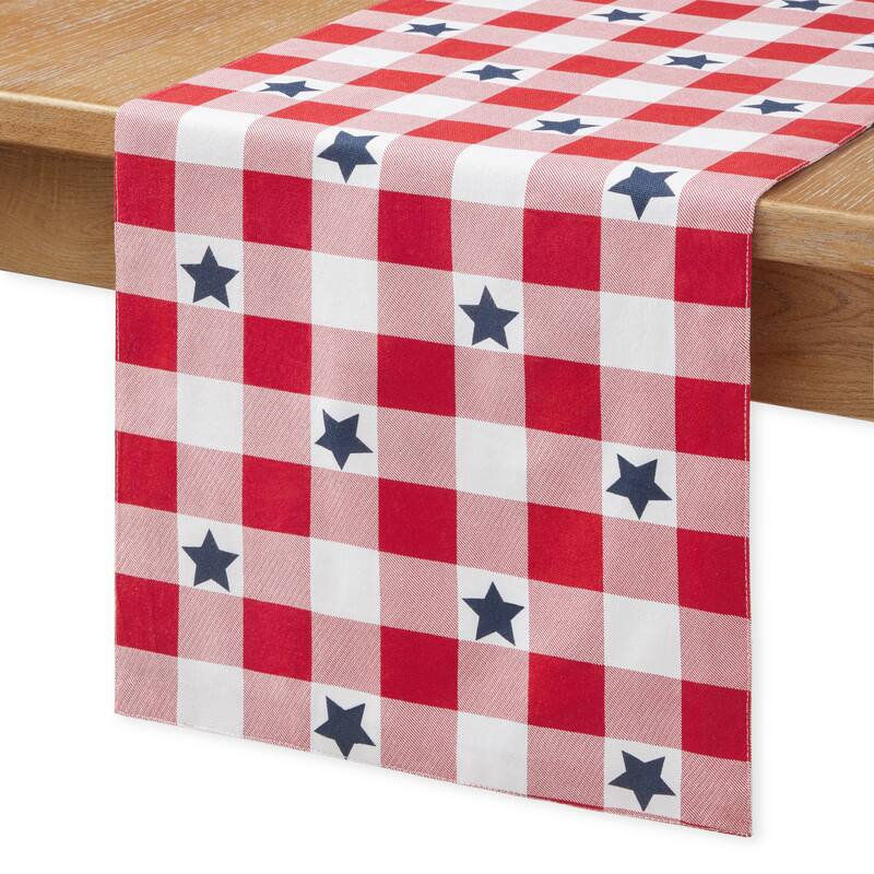 MARTHA STEWART Americana Star Gingham Plaid Indoor Table Runner, Reversible, Patriotic USA America Décor - 14"x72"