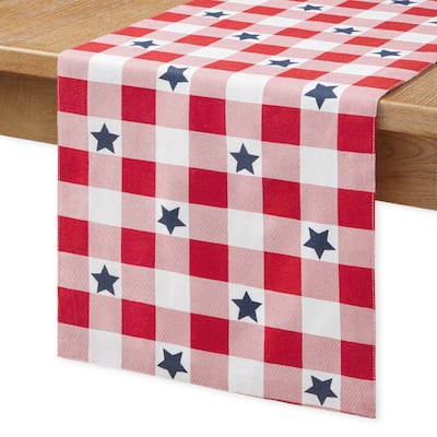 MARTHA STEWART Americana Star Gingham Plaid Indoor Table Runner, Reversible, Patriotic USA America Décor - 14"x72"