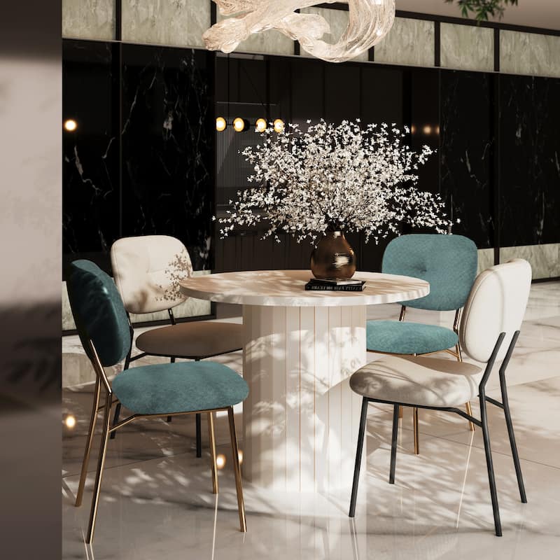 4-Piece Dining Table Set with Urquoise & Fabric Chairs, Bamboo & MDF Table, Industrial Metal Legs, Stain-resistant - White