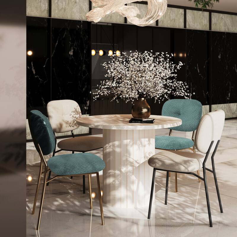 Modern 4-Person Dining Set: Bamboo & MDF Table with Fabric Chairs, Metal Legs - Space-Saving Kitchen/Dining Room Furniture - White