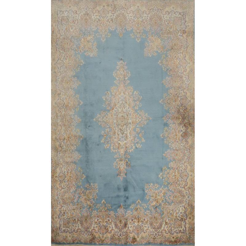 Hand Knotted Oriental 100% Wool Carpet Traditional Floral Navy Blue & Blues Kerman Area Rug - 15' 6'' X 9' 10''