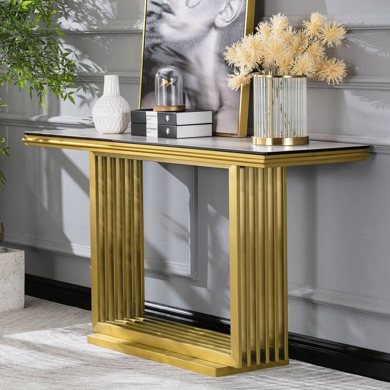 Glam 60 inch Rectangular Glass Console Table with Brushed Gold Stainless Steel Base - Gold