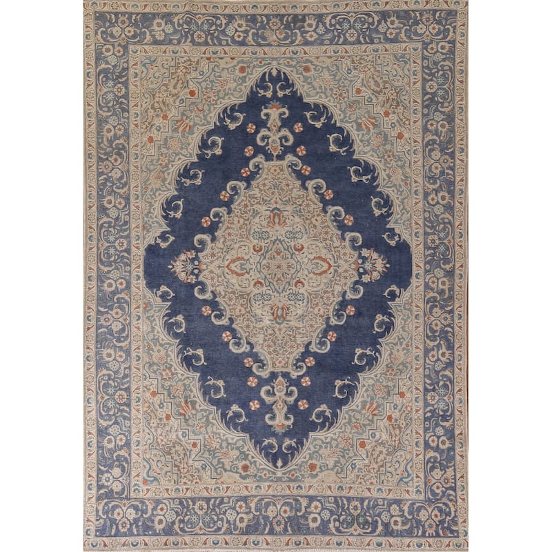 Blue Tabriz Persian Vintage Area Rug Handmade Wool Carpet - 9'9" x 12'9"