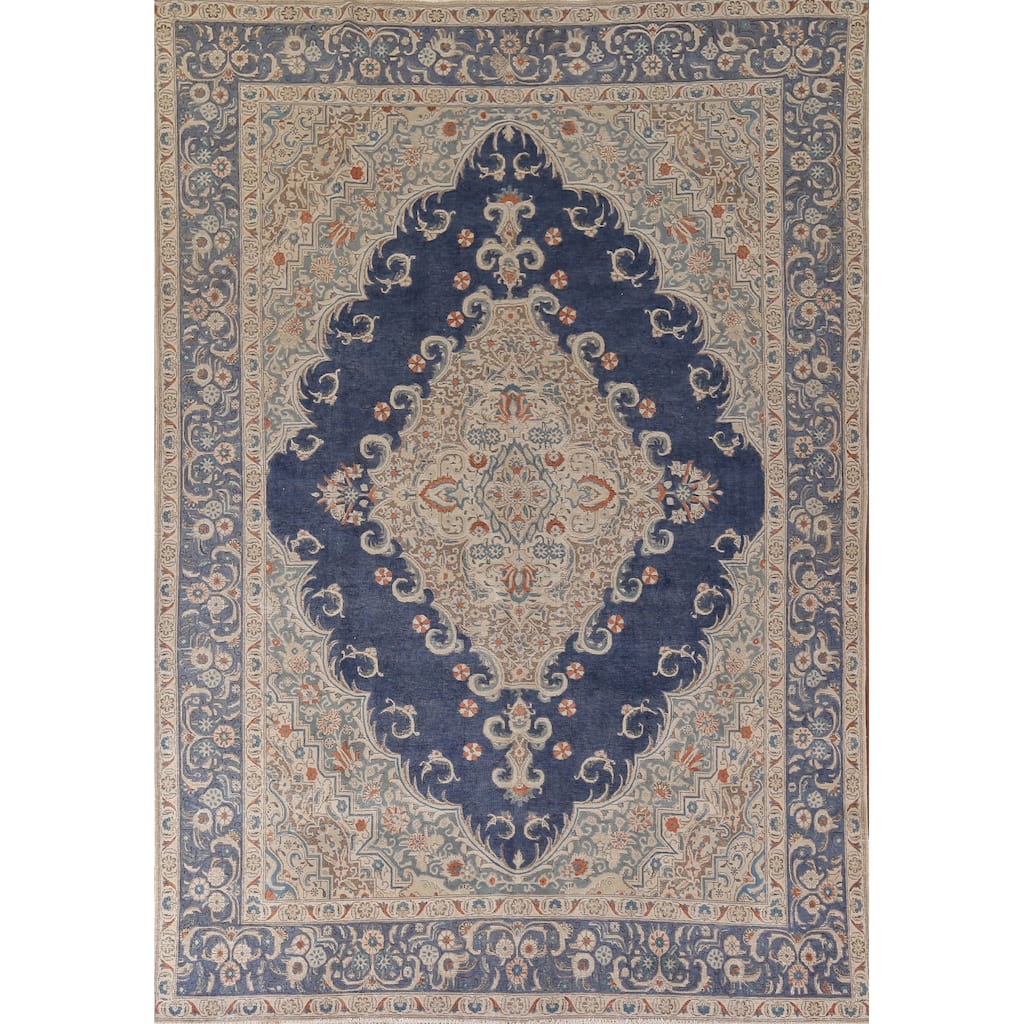 Blue Tabriz Persian Vintage Area Rug Handmade Wool Carpet - 9'9" x 12'9"