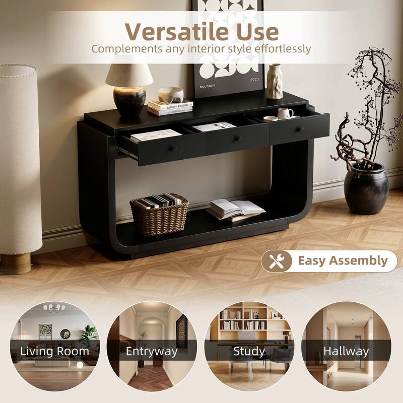 Mid-Century Modern Console Table with 3 Storage Drawers and Display Shelf for Entryway or Living Room Use