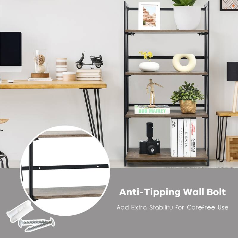 Costway 4-Tier Folding Bookshelf No-Assembly Industrial Bookcase - 23.5'' x 12'' x 46''