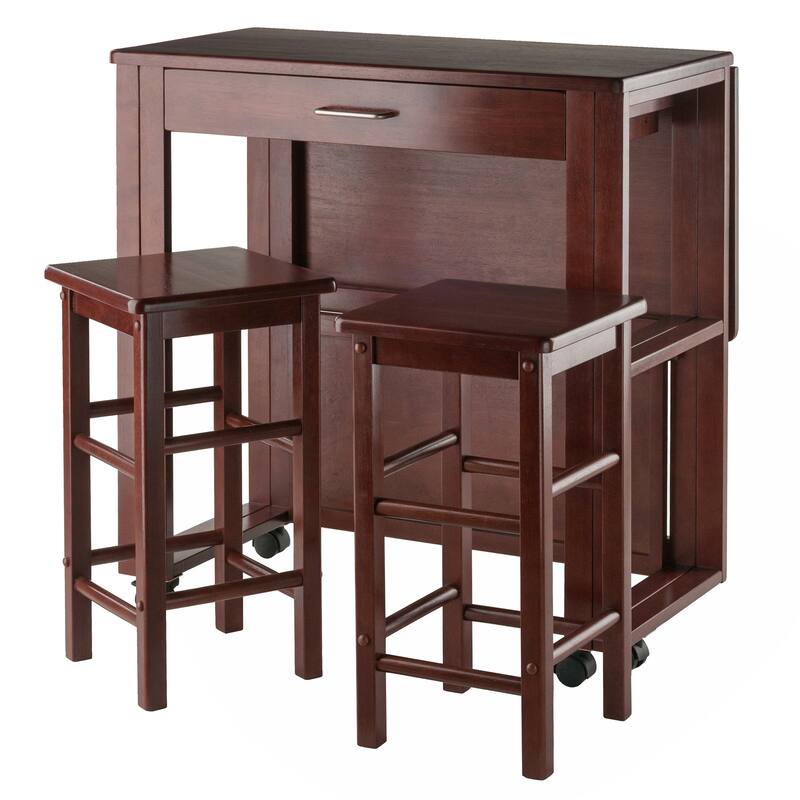 3 Piece Compact Kitchen Table Set with Storage Drawer and Rolling Casters - 30.63 x 31.57 x 31.73 inches