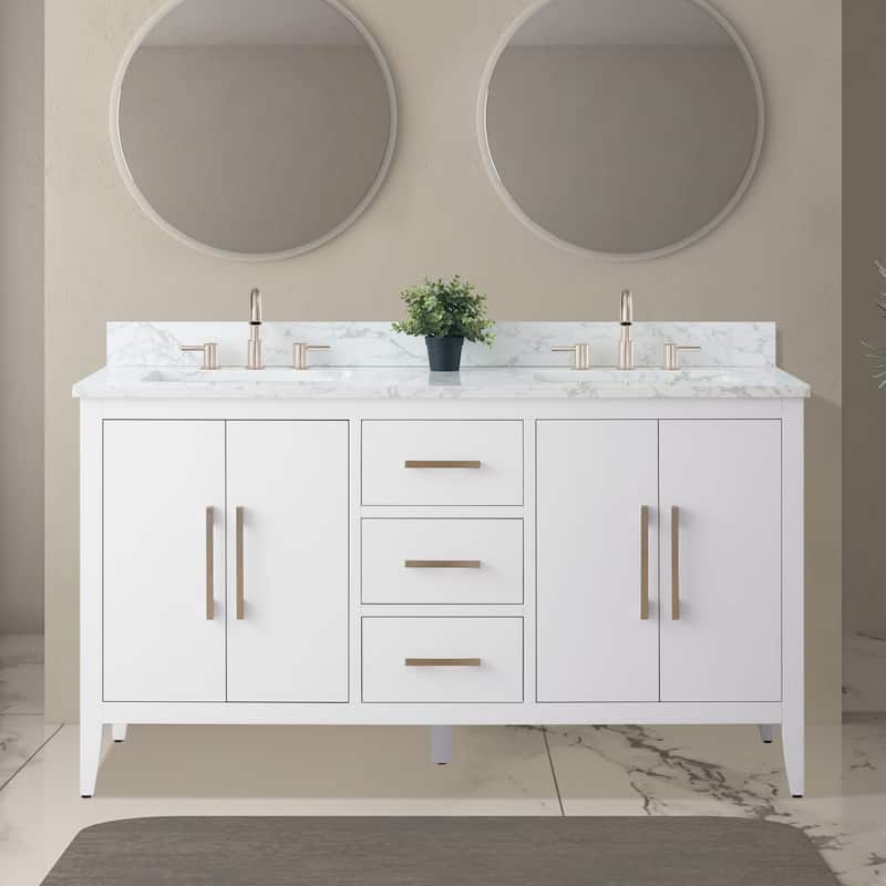 Vanity Art 60" Double Sink Bathroom Vanity Cabinet with Engineered Marble Top - 60"/Brushed Nickel Handle - White