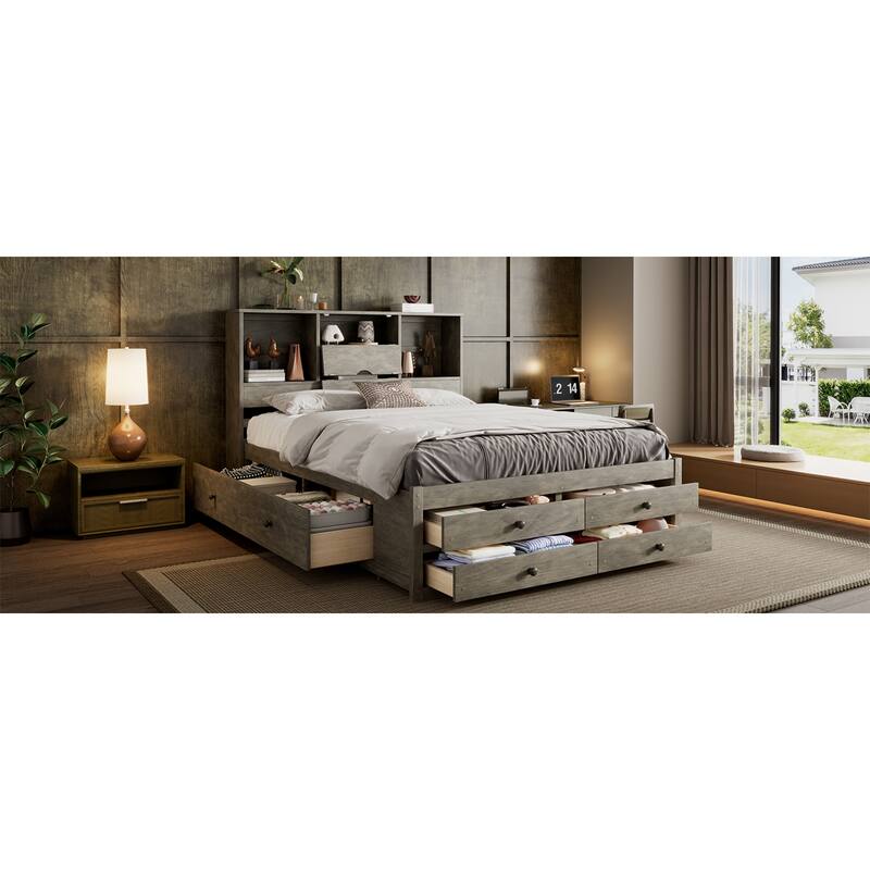 Roomfitters Queen/King Platform Bed with Storage Headboard and 8 Drawers, Solid Wood