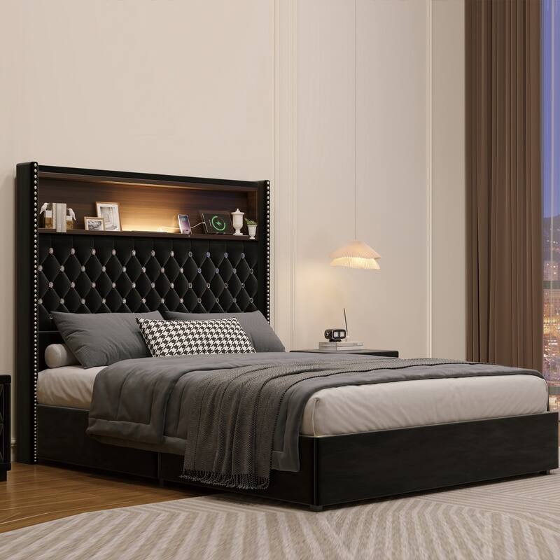 Velvet Tufted Platform Bed with USB Port and Night Light with 52'' High Headboard Shelf