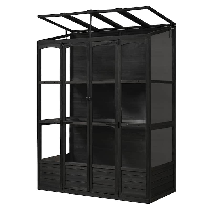 78-inch Wooden Greenhouse Cold Frame with 4 Independent Skylights and 2 Folding Middle Shelves