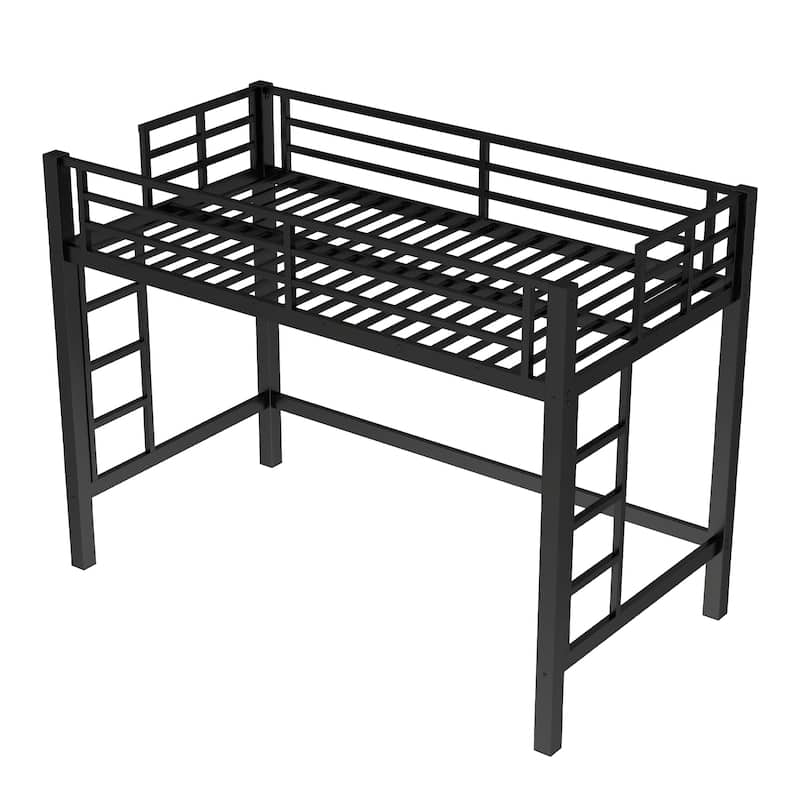 Roomfitters Metal Loft Bed with Dual Ladders, High Sleeper Frame with Under Bed Storage Space, Black