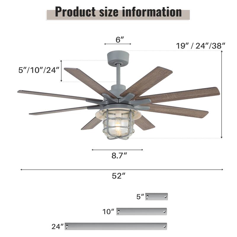 Cement Grey Ceiling Fan Light Chandelier, 8 Blades Noiseless DC Motor Ceiling Fan - 52 Inch - 52 Inch