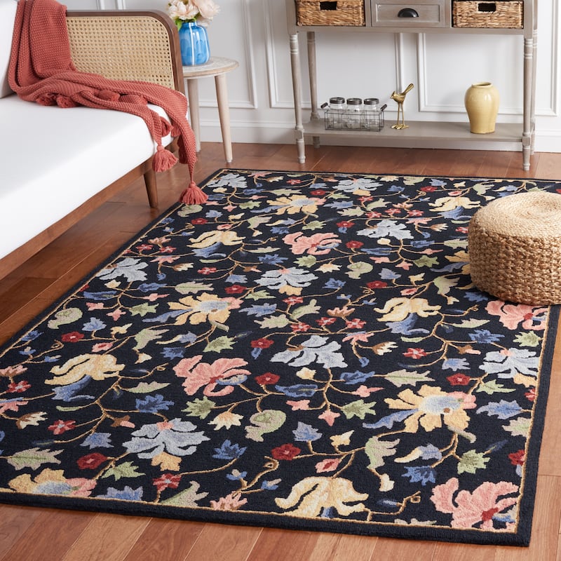 SAFAVIEH Handmade Chelsea Dineke French Country Floral Wool Rug - 6' Square - Black/Red