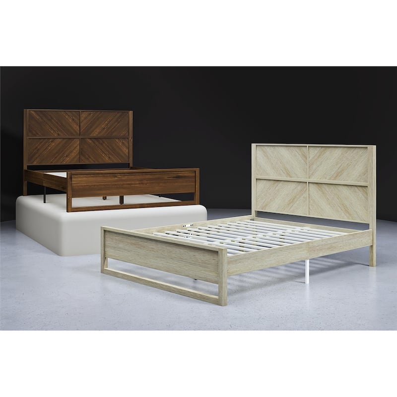 Anmytek Wooden Bed Frame with Headboard Archer Style Modern Platform Bed Full Queen King Size Solid Wood Bed Frame