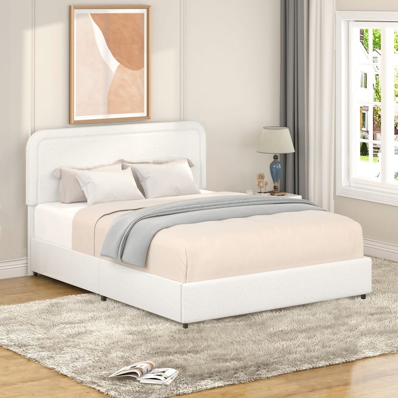 Queen Size Ivory Boucle Upholstered Platform Bed with 2 Built-in Dust-Proof Drawers and Tufted Headboard