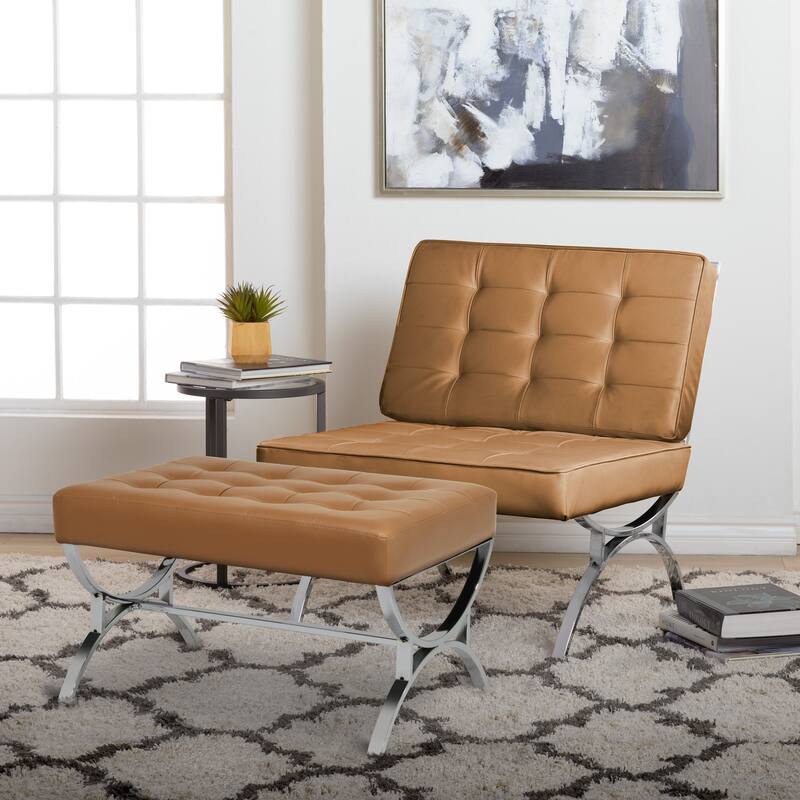 Newel Modern Blended Leather and Chrome Metal Frame Square Ottoman