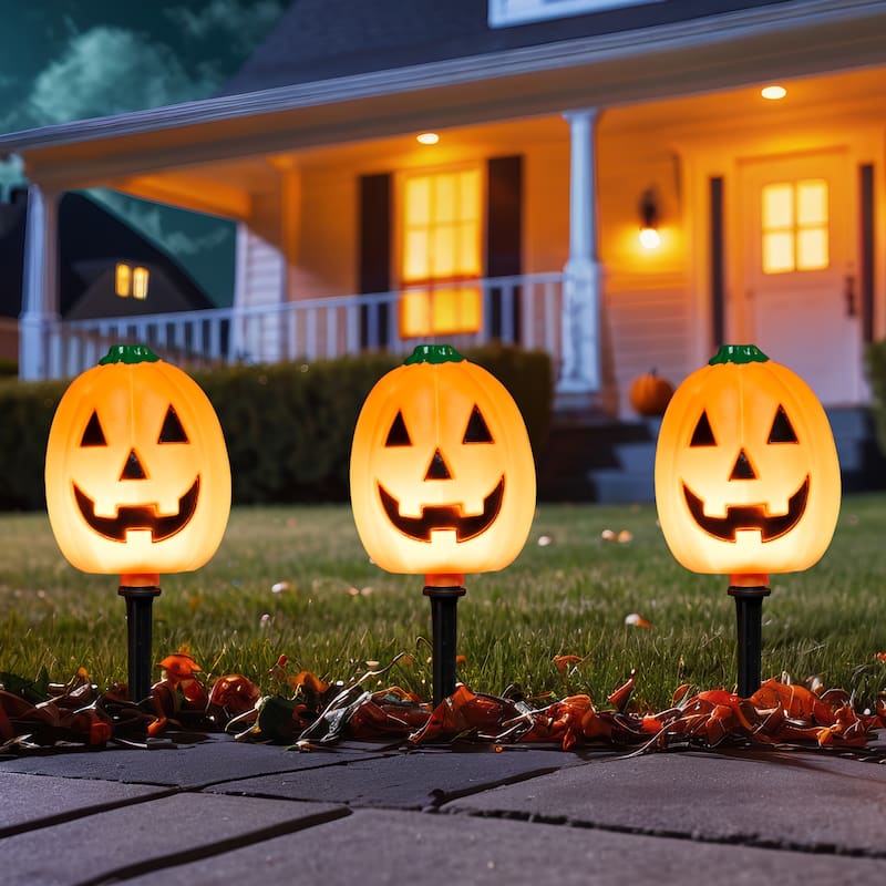 5 Jack-O-Lantern Shaped Halloween Pathway Markers - 3.75ft Black Wire