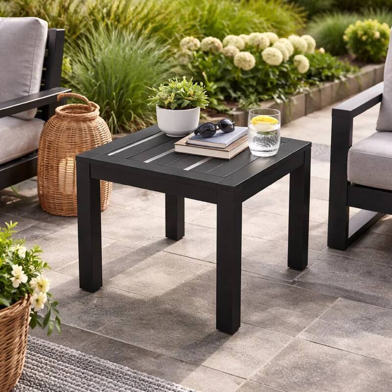 Josh 18 Inch Side End Table, Polyresin Planks, Jet Black Aluminum Frame