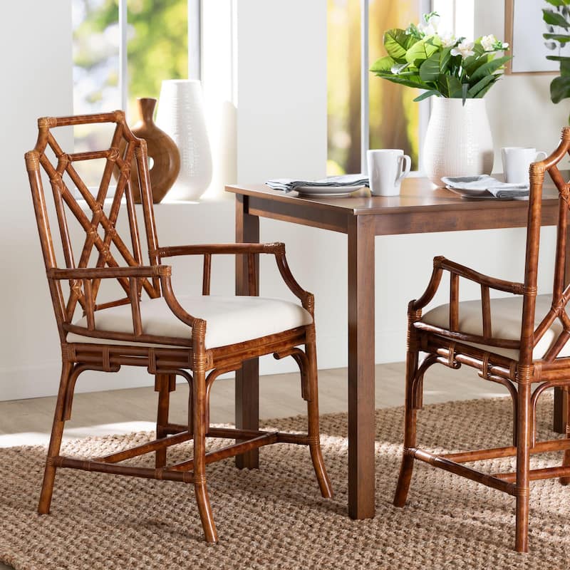 Esmery Marbled Tortoise Natural Rattan Dining Chair - Handcrafted Wicker Armchair with Crisscross Back, Boho Coastal Seating