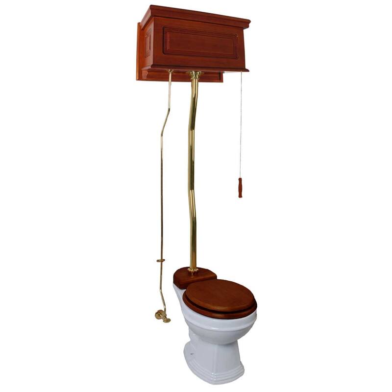 Light Mahogany Wooden High Tank Toilet Raised Tank, Brass Z Pipe and Round White Bowl