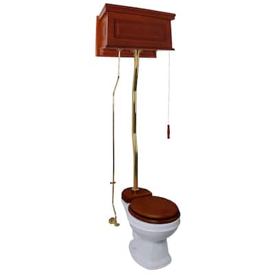 Light Mahogany Wooden High Tank Toilet Raised Tank, Brass Z Pipe and Round White Bowl