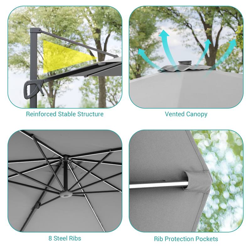 BONOSUKI Solar-powered 10x8ft Cantilever Patio Umbrella, Ultimate Outdoor Comfort with 360° Rotation and Canopy Angle Adjustment