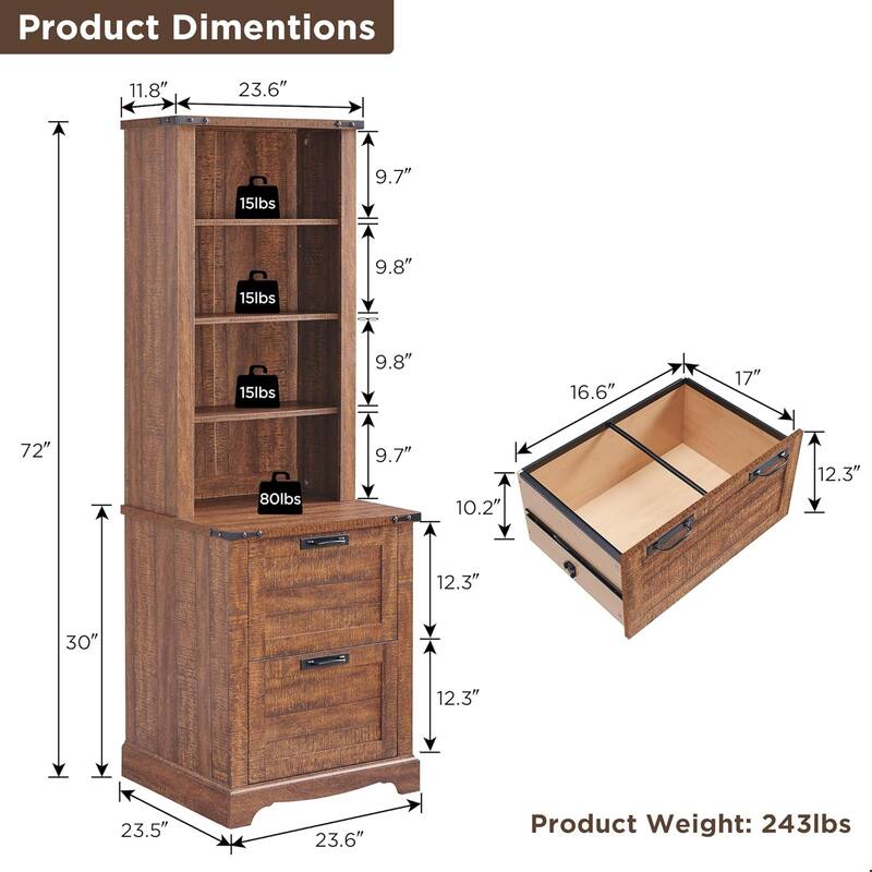 72" Tall Farmhouse Bookcase, Rustic Wood Bookshlef for Home Office