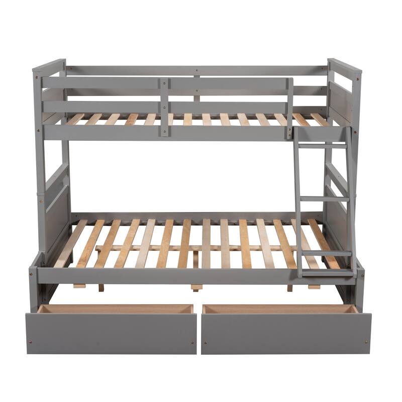Twin over Full Bunk Bed with Storage in Gray, Space-Saving Design with Drawers