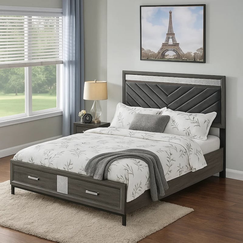 Lito Queen Size Bed w Padded Headboard, 2 Footboard Drawers, Gray