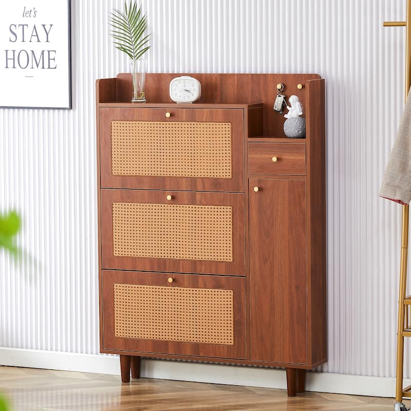 Shoe Cabinet with Rattan Doors, Entryway Slim Rattan Shoe Storage Cabinet with Flip Down Drawers & Shelves - Wood
