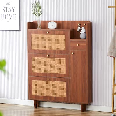 Shoe Cabinet with Rattan Doors, Entryway Slim Rattan Shoe Storage Cabinet with Flip Down Drawers & Shelves