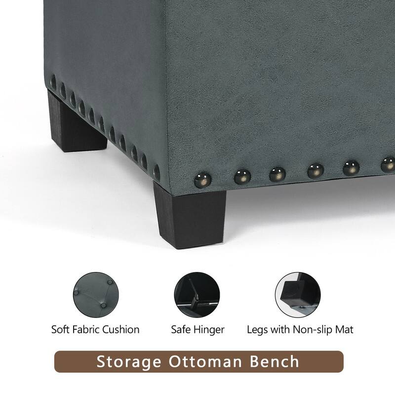 Adeco Storage Ottoman Faux Leather Button Tufted Bench Rectangle Footrest