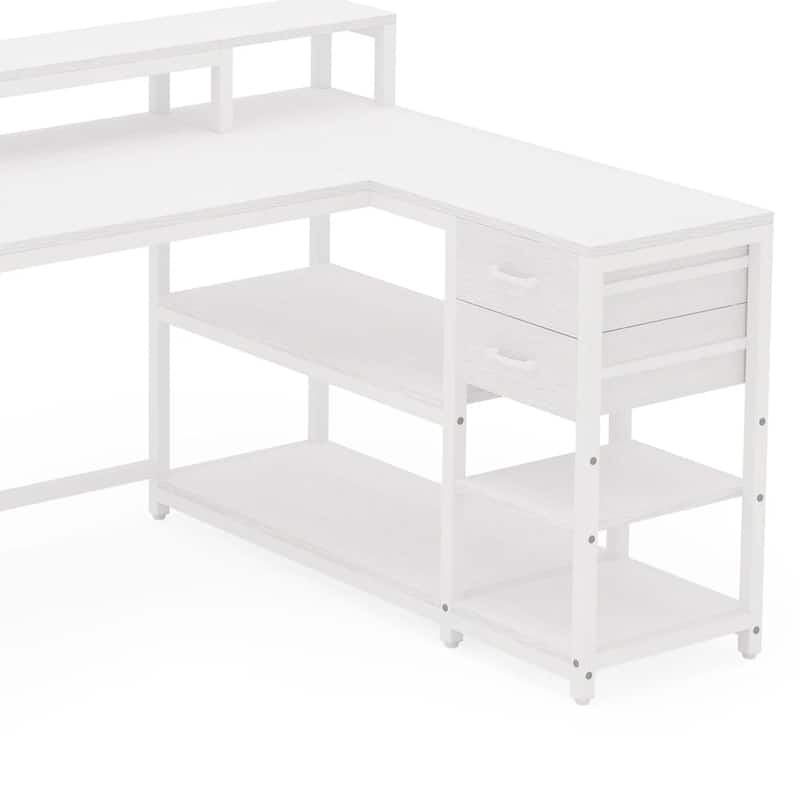 Executive Desk, L Shaped Top, Portable File Cabinet, 55 Inch White
