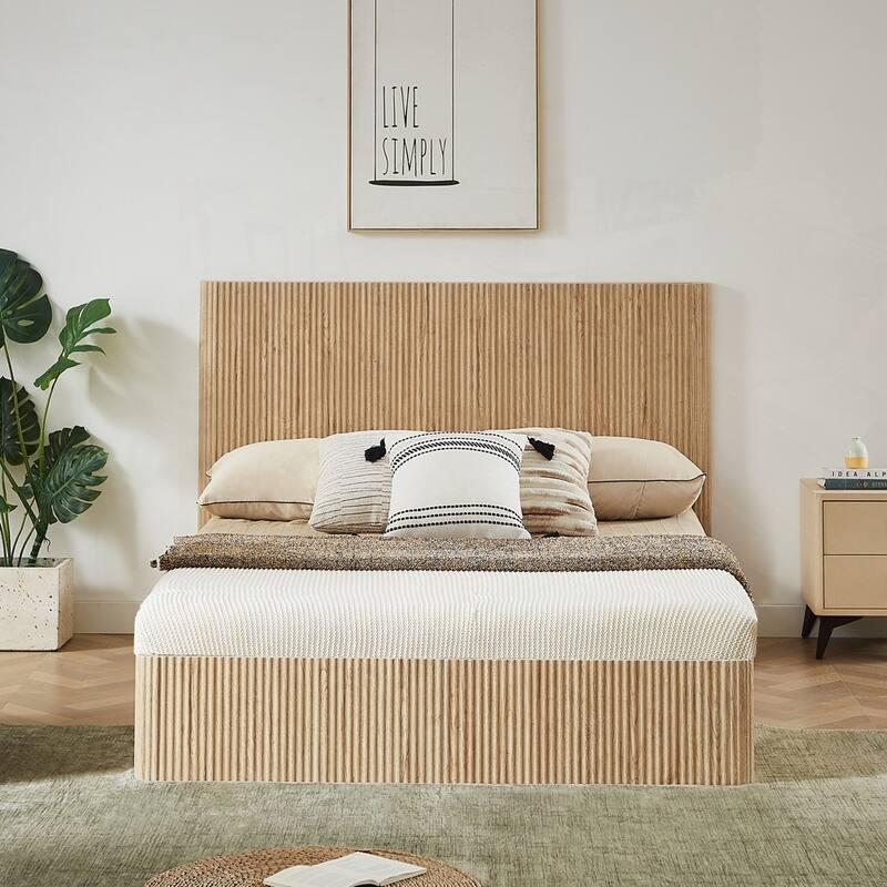 Wooden corrugated curved lines Lift Up Storage Bed Frame with Hydraulic Storage