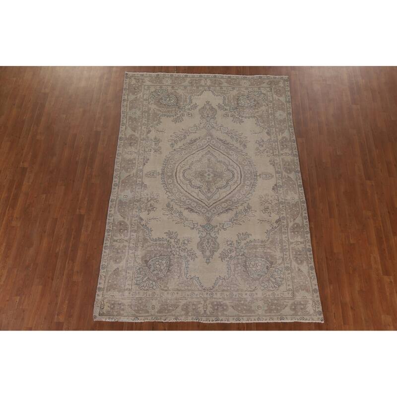Hand Knotted Oriental 100% Wool Carpet Traditional Medallion Beige & Ivories Tabriz Area Rug - 9' 4'' X 6' 5''