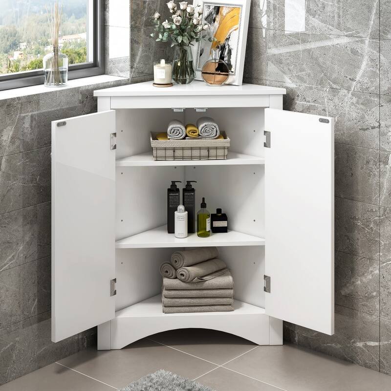 Triangle Bathroom Freestanding Storage Cabinet with Adjustable Shelves - White