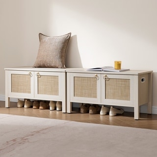 Boho Farmhouse Rattan Shoe Bench with Hidden Storage - Safety Hinged Lift Top Chest for Hallway & Living Room - 1-Piece