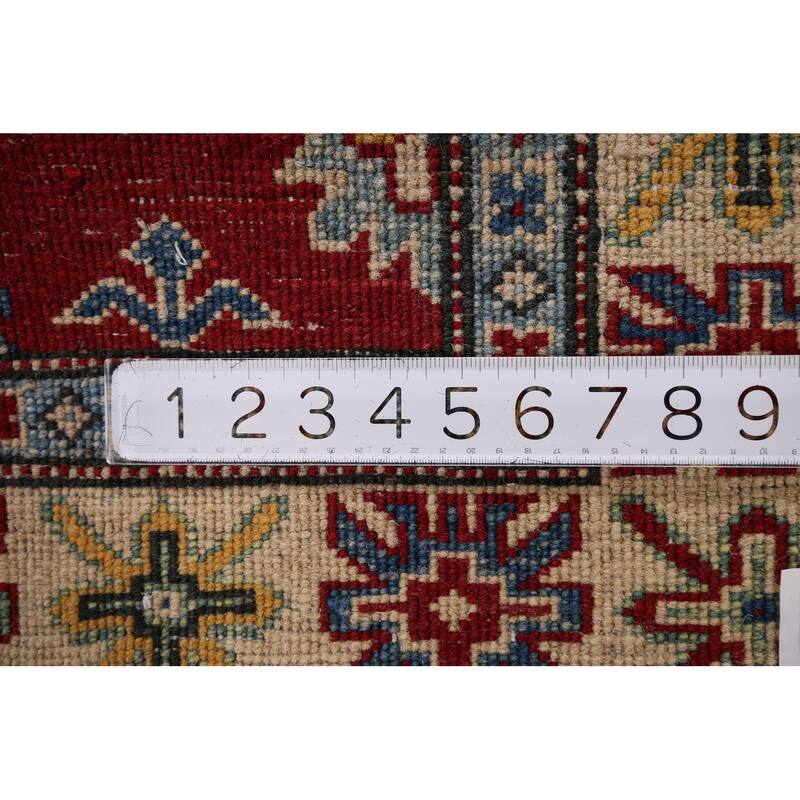 Red Geometric Kazak Accent Rug Handmade Traditional Wool Carpet - 3'5" x 5'0"