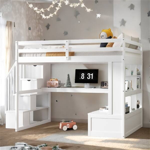 slide 2 of 12, Full Size Loft Bed with Desk and Shelves, Two Built-in Drawers, and Storage Staircase, White White