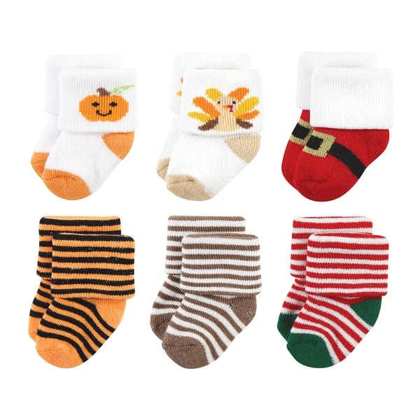 slide 1 of 1, Hudson Baby Unisex Baby Holiday Newborn Terry Socks, Halloween Christmas 0-6 Months - Halloween Christmas