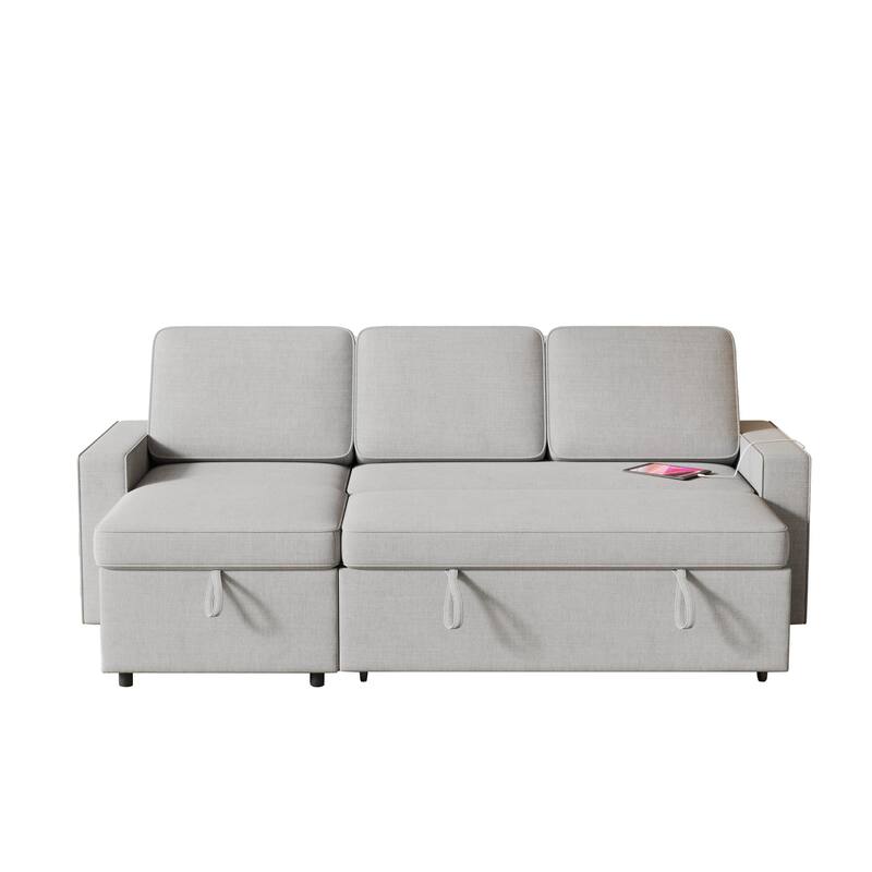Grey 85.8'' L-Shaped Fabric 3-Seater Sleeper Sofa with Pull-Out Bed, Storage Chaise, USB Port, and Storage Racks