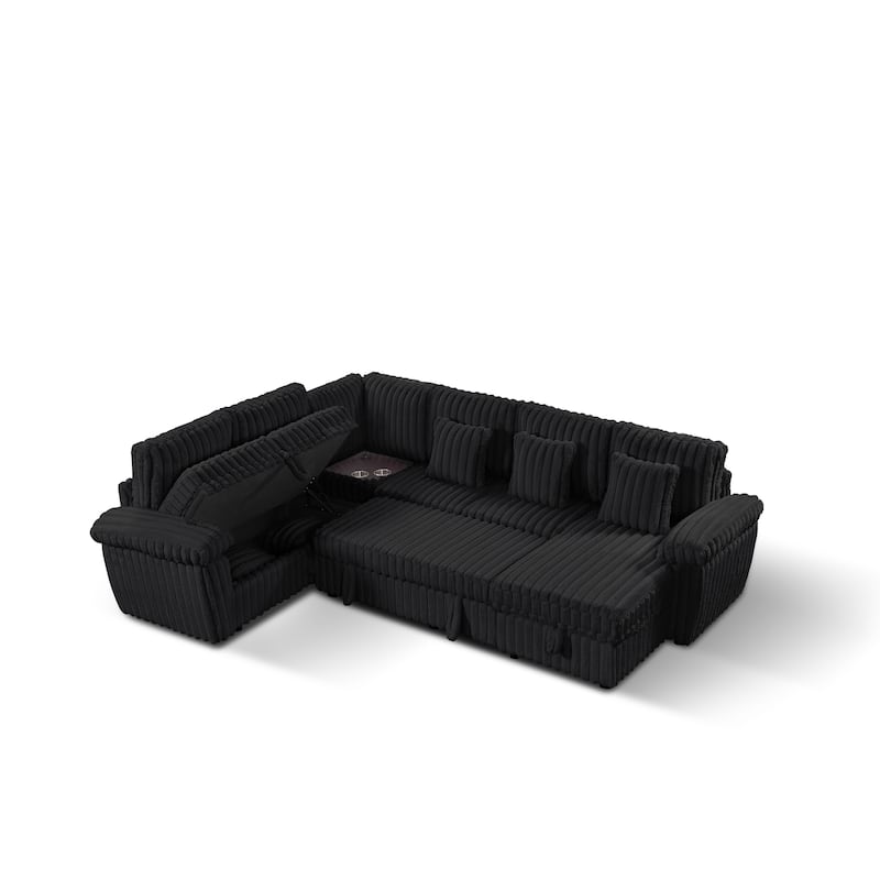 U-Shaped Corduroy Sectional Sofa with Storage Chaise & Pull-Out Bed, Upholstered Corner Sofa with Cup Holder & USB Port