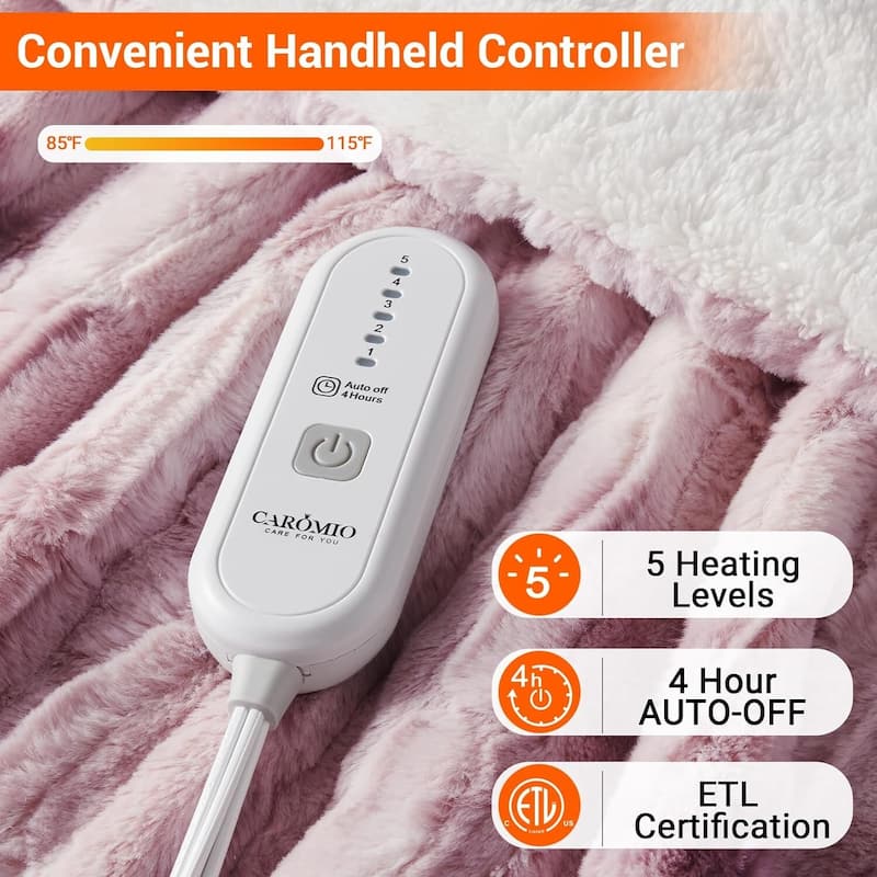 Soft Thicken Heated Electric Throw Blanket, Pink with 5 Heating Levels